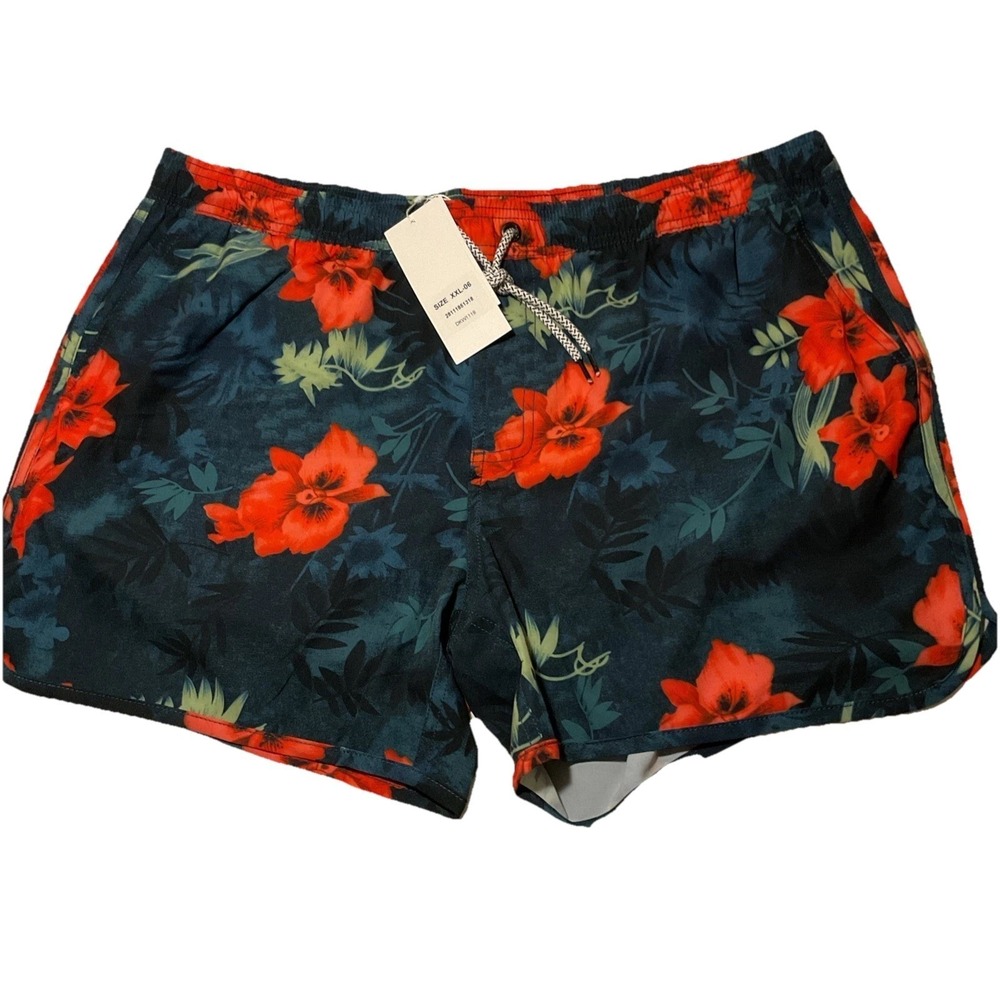 Maamgic‎ Mens XXL Swim Trunks Tropical Floral Hibiscus Board Shorts Red Teal NEW
